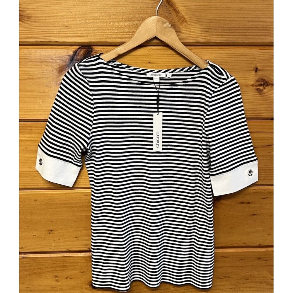 Chico's Top White Navy Blue Striped Ribbed Short Grommet Sleeve Preppy Nautical
